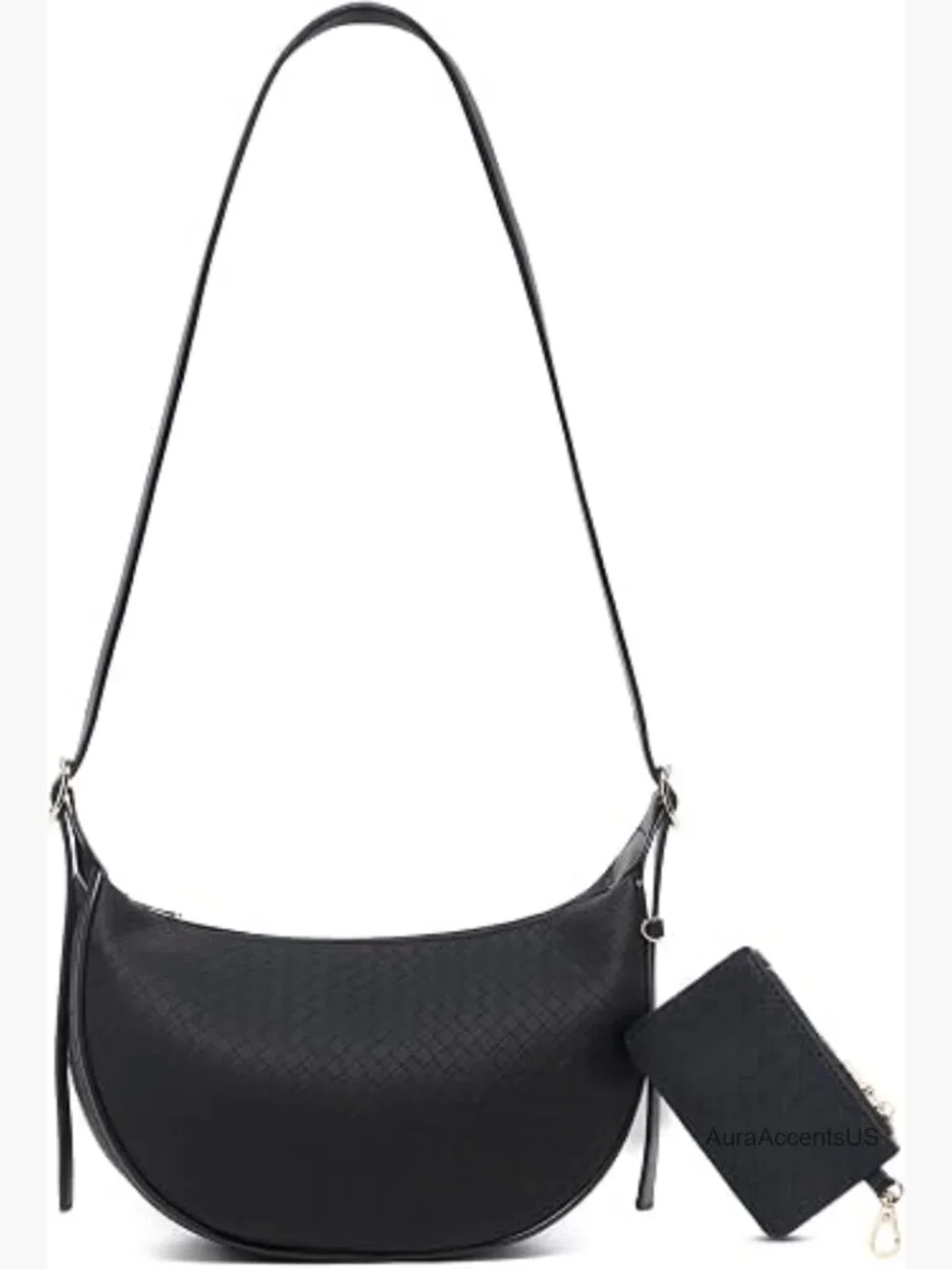 Woven Crescent Shoulder Bag with Detachable Pouch Vegan Leather Hobo Crossbody